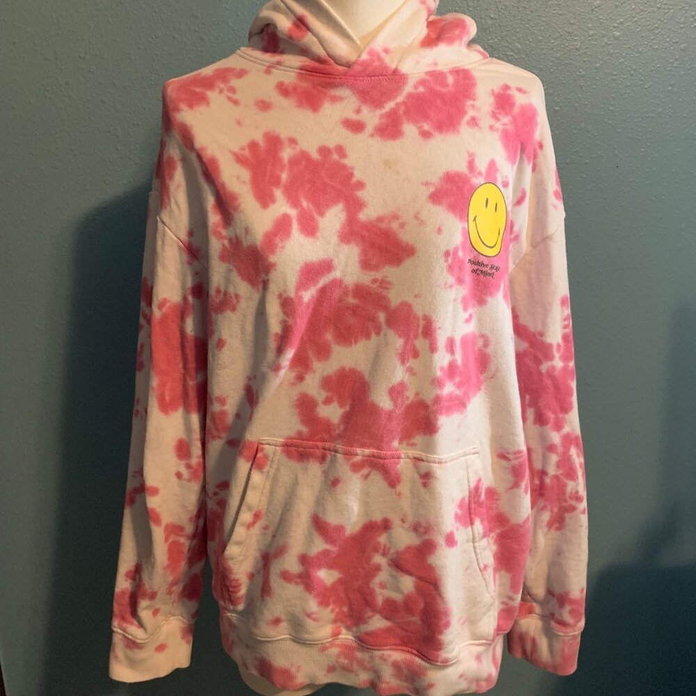 h&M Smiley Women’s Size S Pink / White Tie-dye Smiley Face Print Hoodie